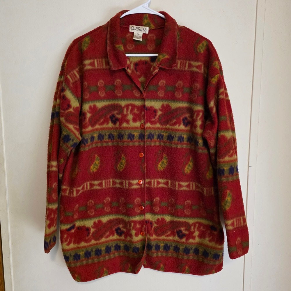 Vintage Womens Fleece Western Jacket Size Medium Red Paisley Tapestry Button